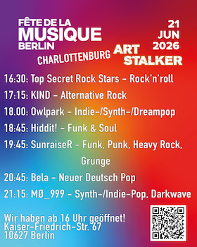 Bild: Fête de la Musique 2026 in Berlin Charlottenburg - LINE UP: Top Secret Rock Stars / KIND / Owlpark / Hiddit! / SunraiseR / Bela / MØ_999
